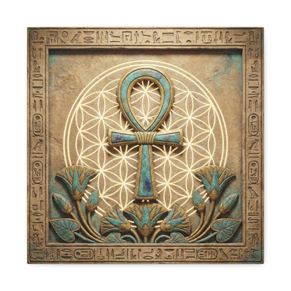 Egyptian Ankh portal canvas in yoga studio entryway with rattan accents and earthy decor