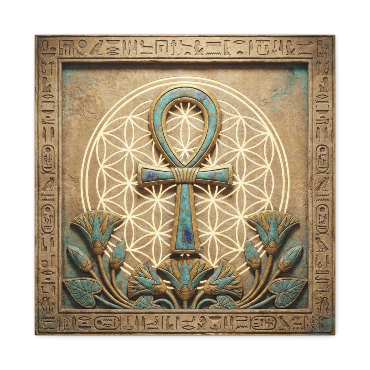 Ankh portal Egyptian canvas as gallery wall centerpiece with Eye of Horus and Lotus Mandala set