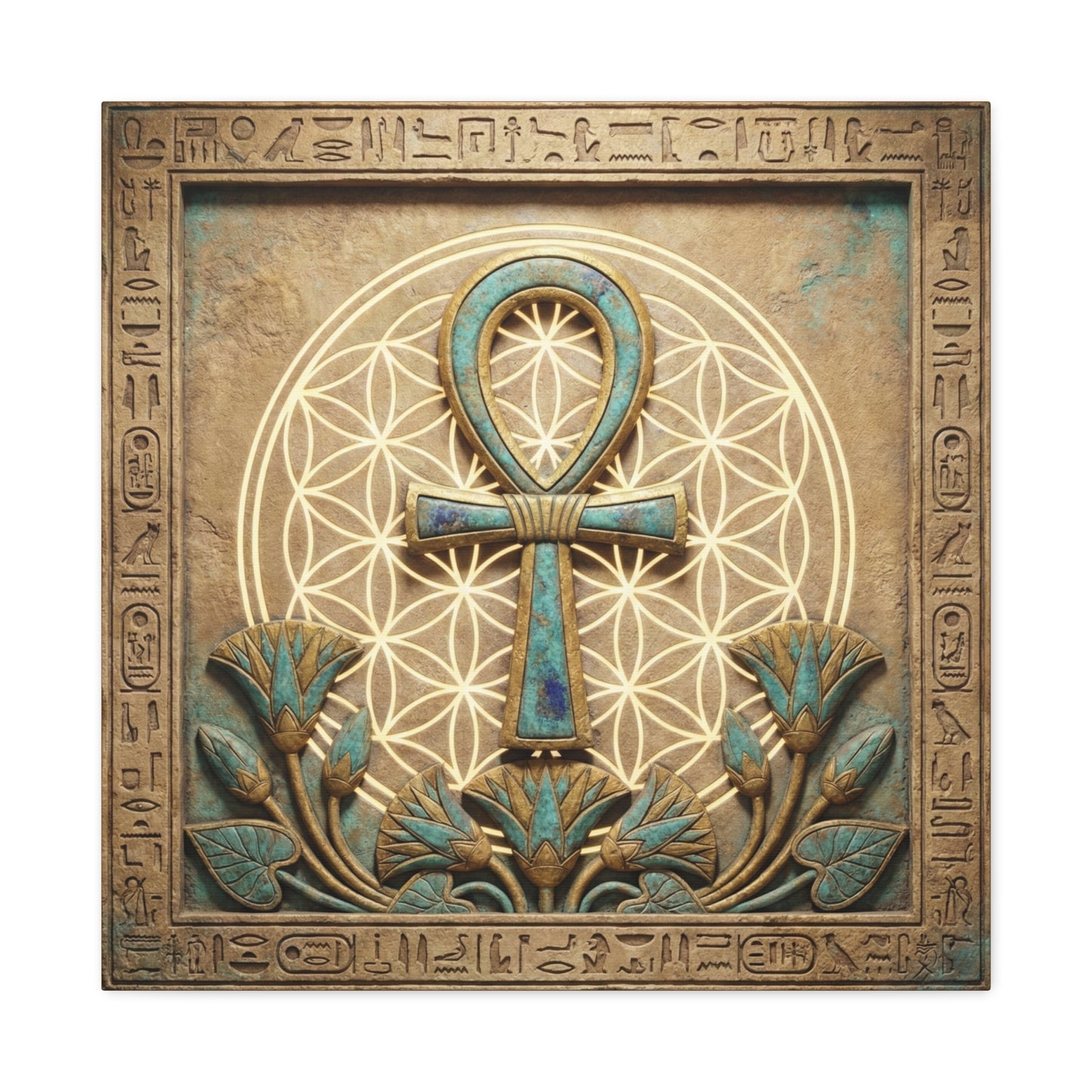 Sacred Ankh key of life canvas in modern bedroom above mid century dresser — spiritual wall art