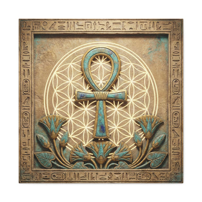 Sacred Ankh key of life canvas in modern bedroom above mid century dresser — spiritual wall art