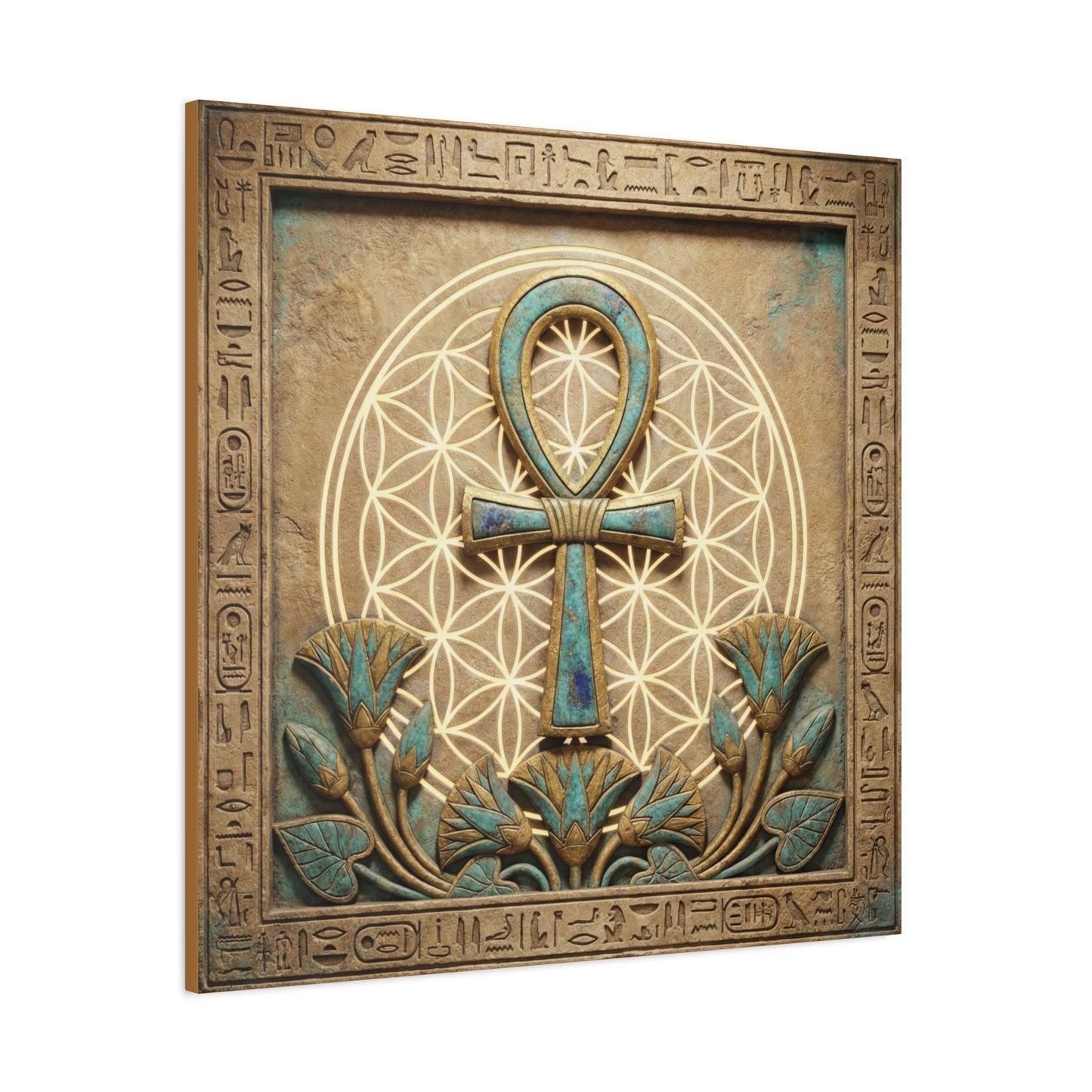 Egyptian Ankh portal canvas in living room above linen sofa with boho minimalist decor