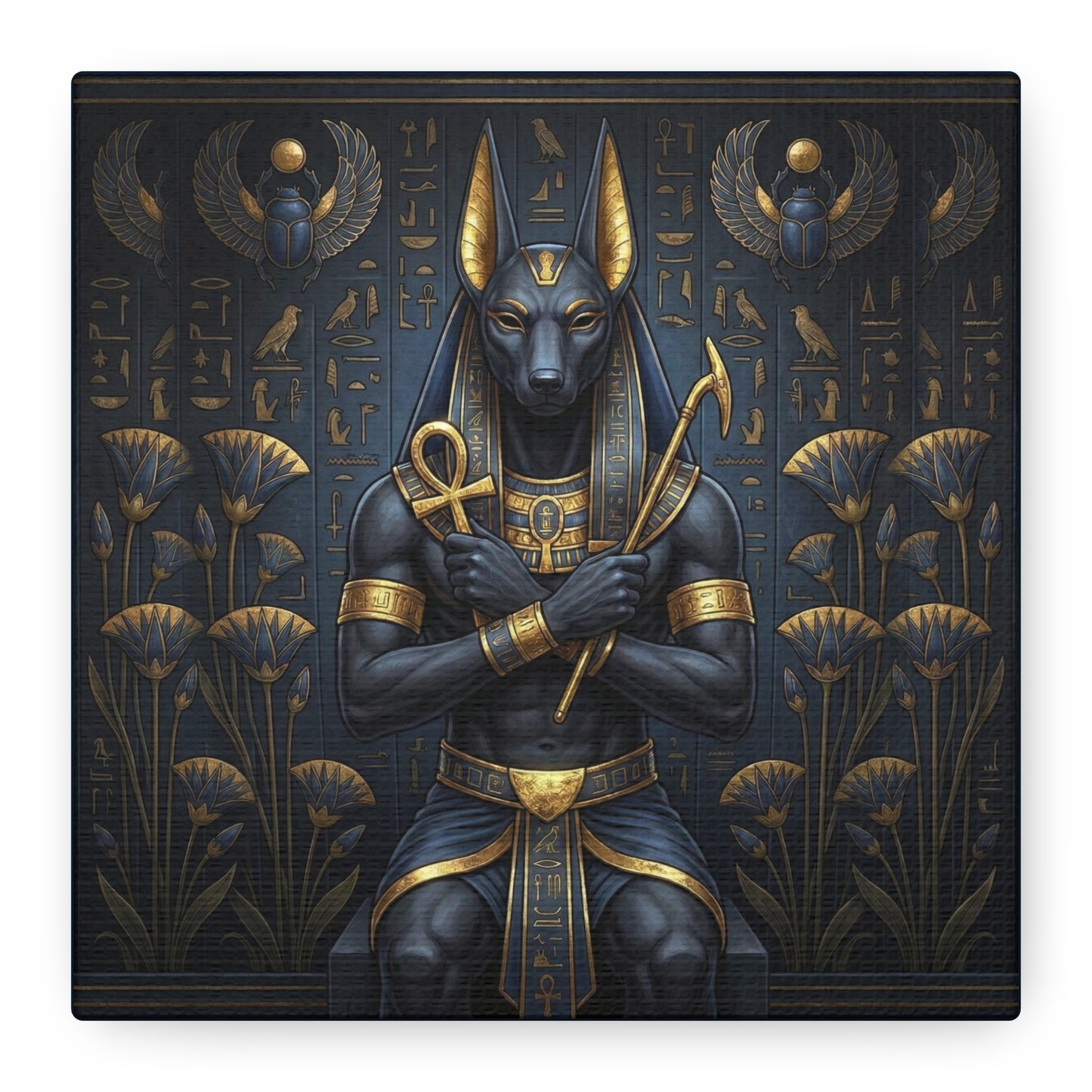 Anubis canvas styled in modern hallway with brass console — luxury Egyptian guardian wall art