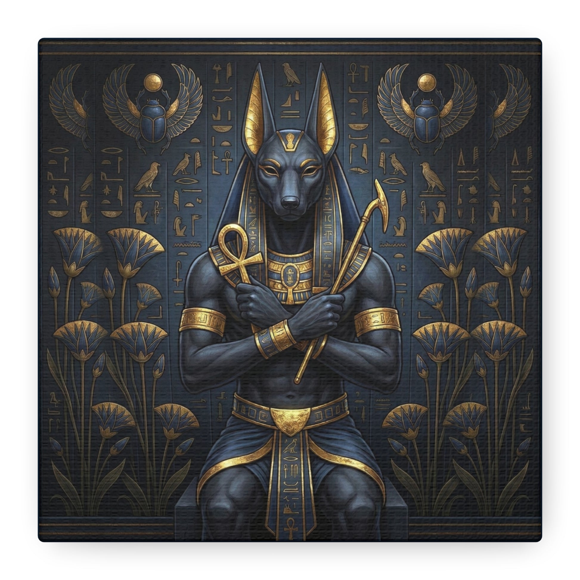 Anubis canvas styled in modern hallway with brass console — luxury Egyptian guardian wall art