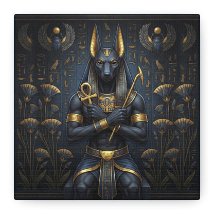 Anubis canvas styled in modern hallway with brass console — luxury Egyptian guardian wall art