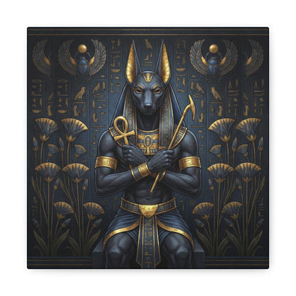 Anubis guardian canvas in modern entryway above brass mirror — luxury Egyptian statement wall art
