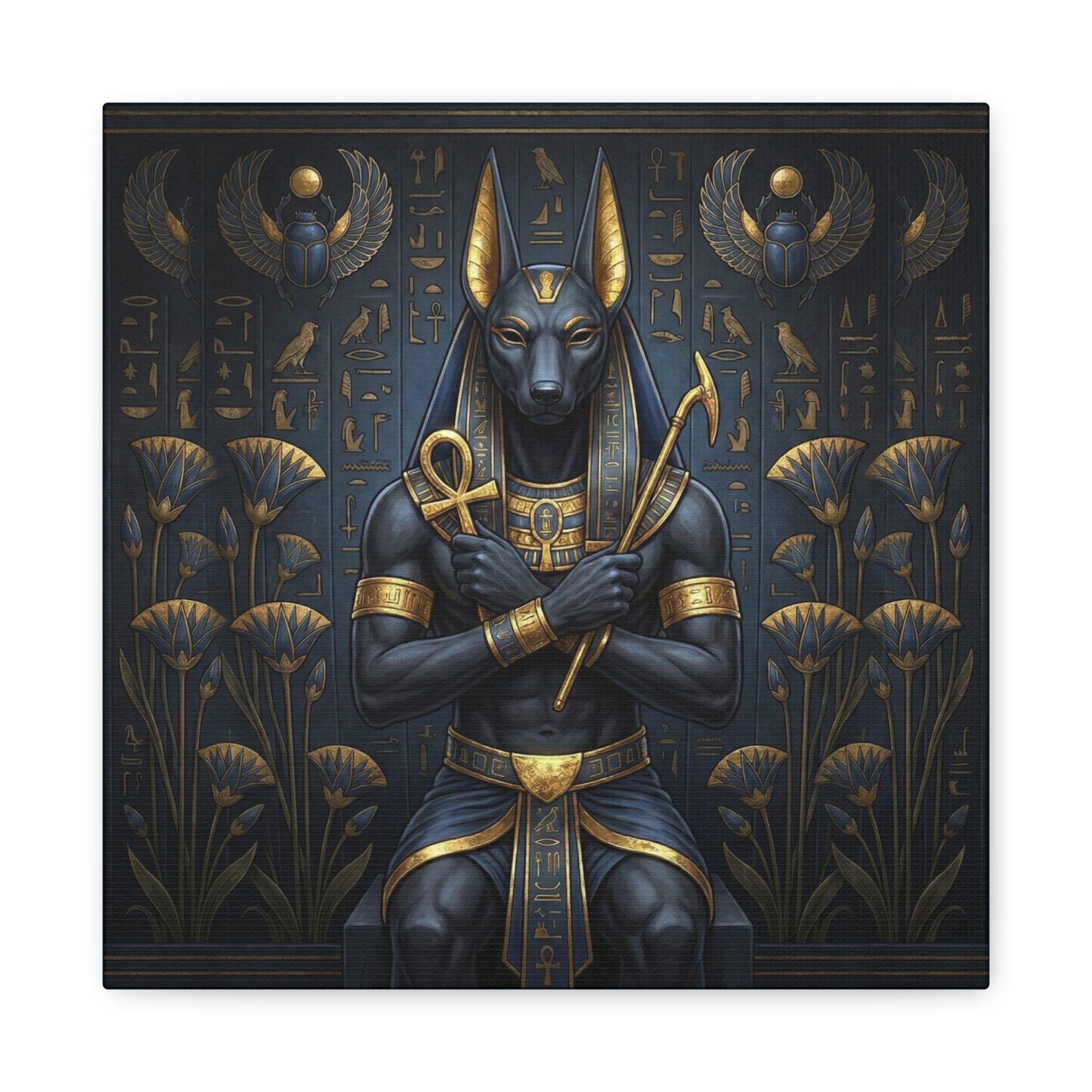 Close-up matte canvas texture detail on Anubis Egyptian jackal god luxury wall art print