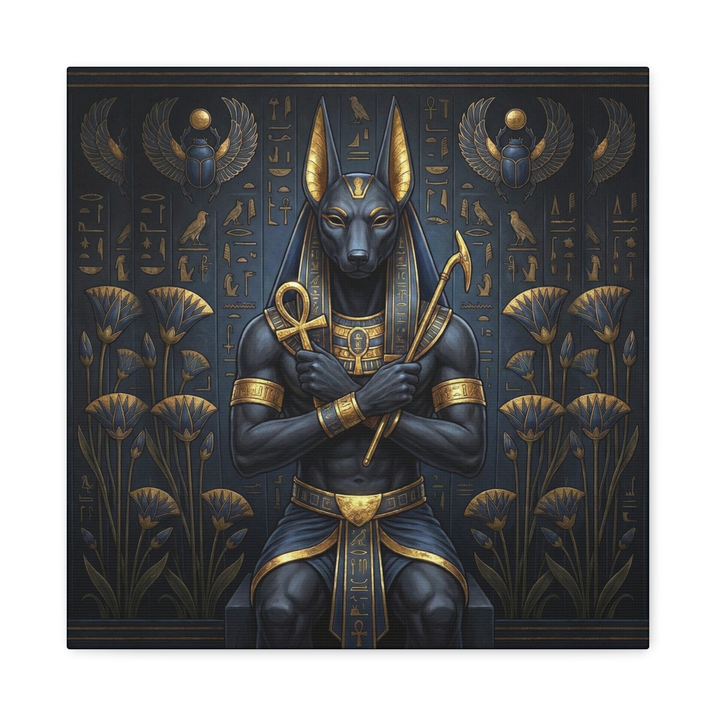 Anubis guardian canvas in dining room with brass pendant and Egyptian inspired luxury decor