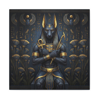 Anubis guardian canvas in dining room with brass pendant and Egyptian inspired luxury decor