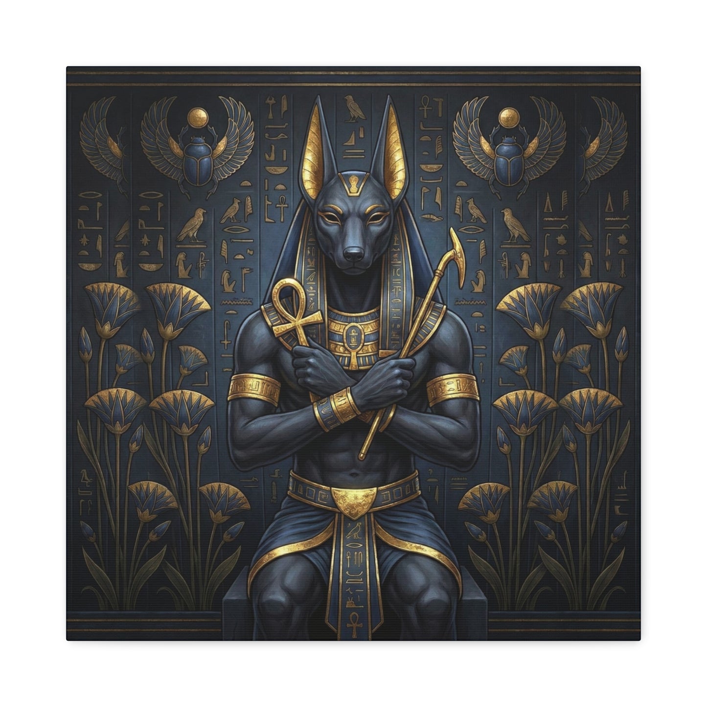 Anubis Egyptian jackal god canvas as gallery wall centerpiece with Tutankhamun and Eye of Horus set