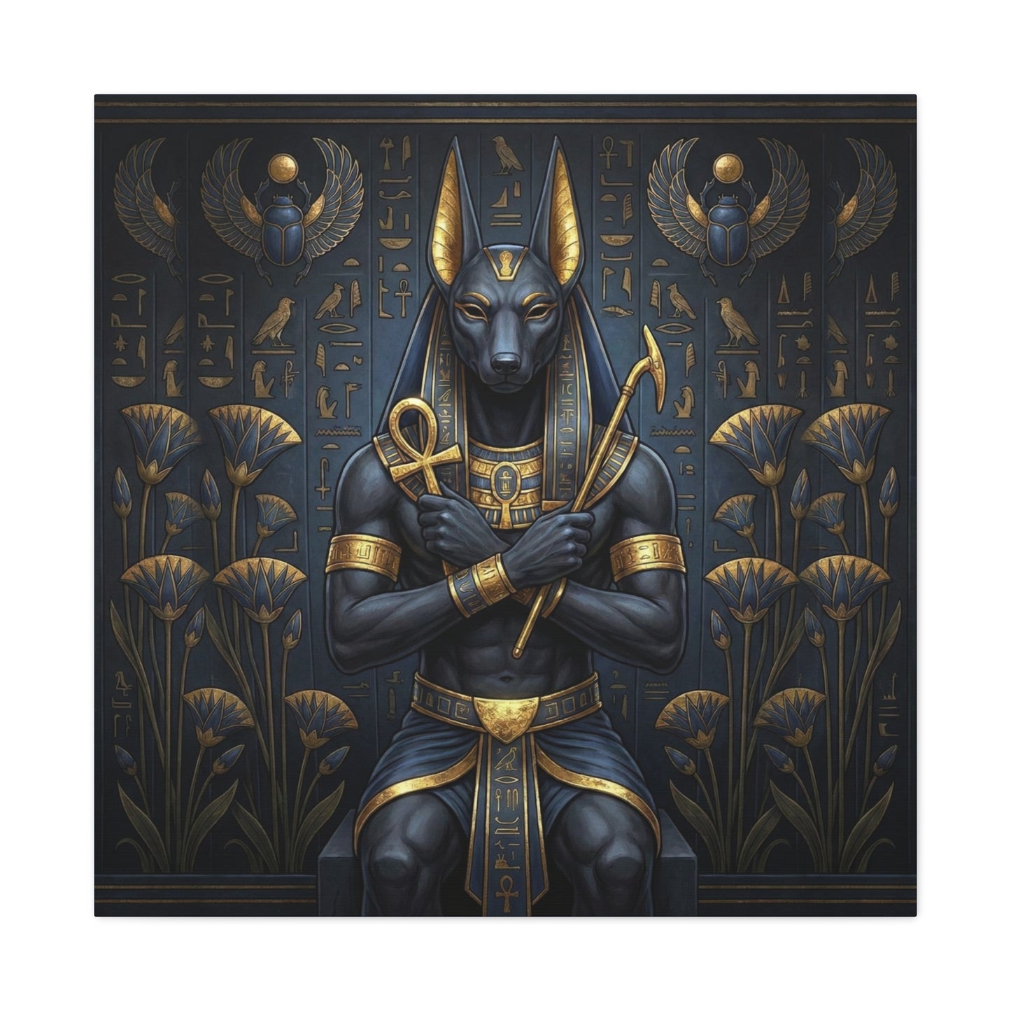 Anubis canvas above sacred altar with candles and crystals — spiritual Egyptian guardian decor