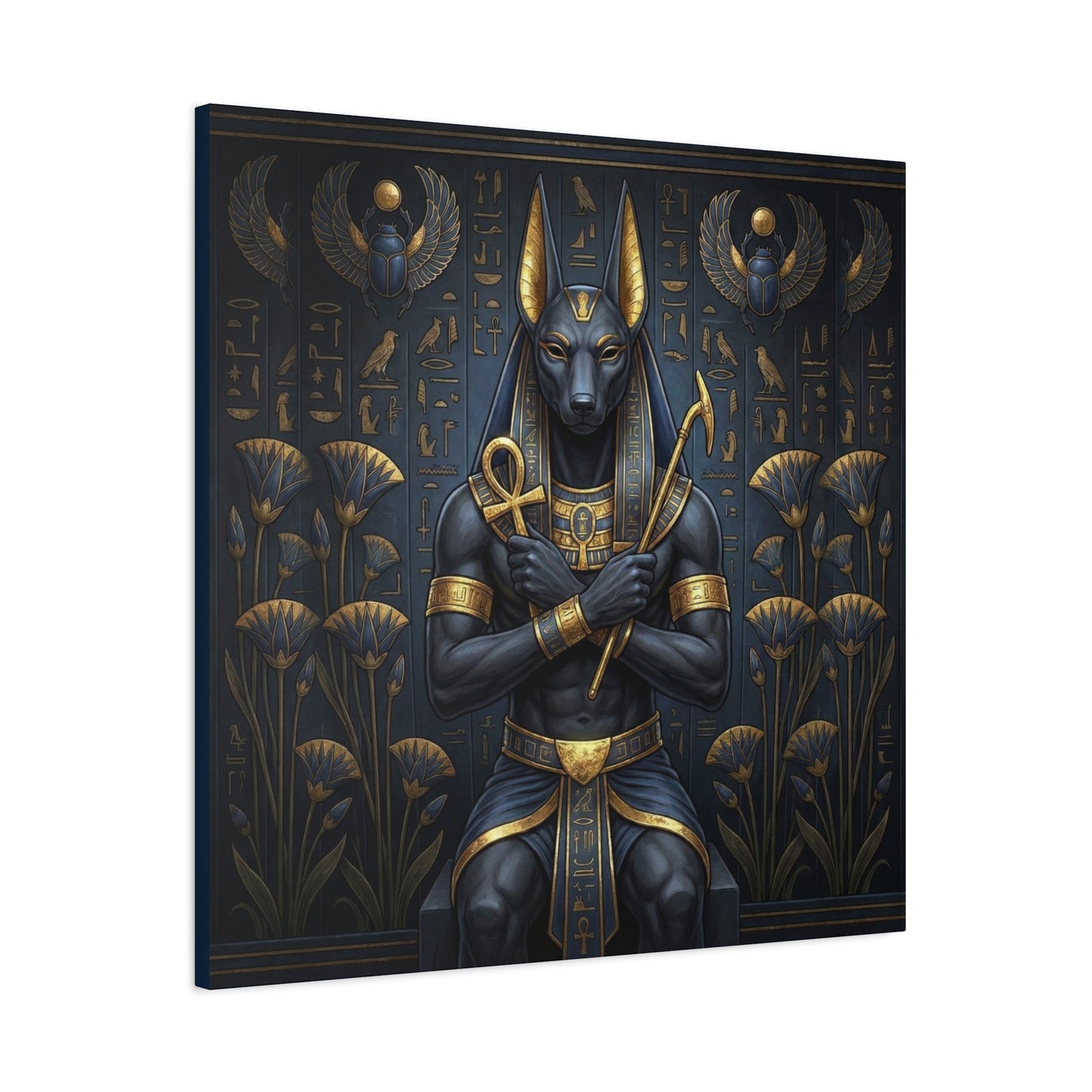 Anubis Egyptian god canvas in modern study with oak desk — ancient Egyptian guardian decor