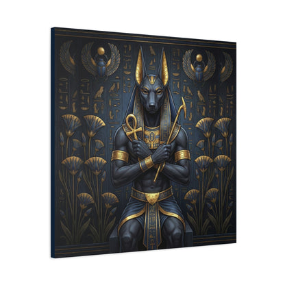 Anubis Egyptian god canvas in modern study with oak desk — ancient Egyptian guardian decor