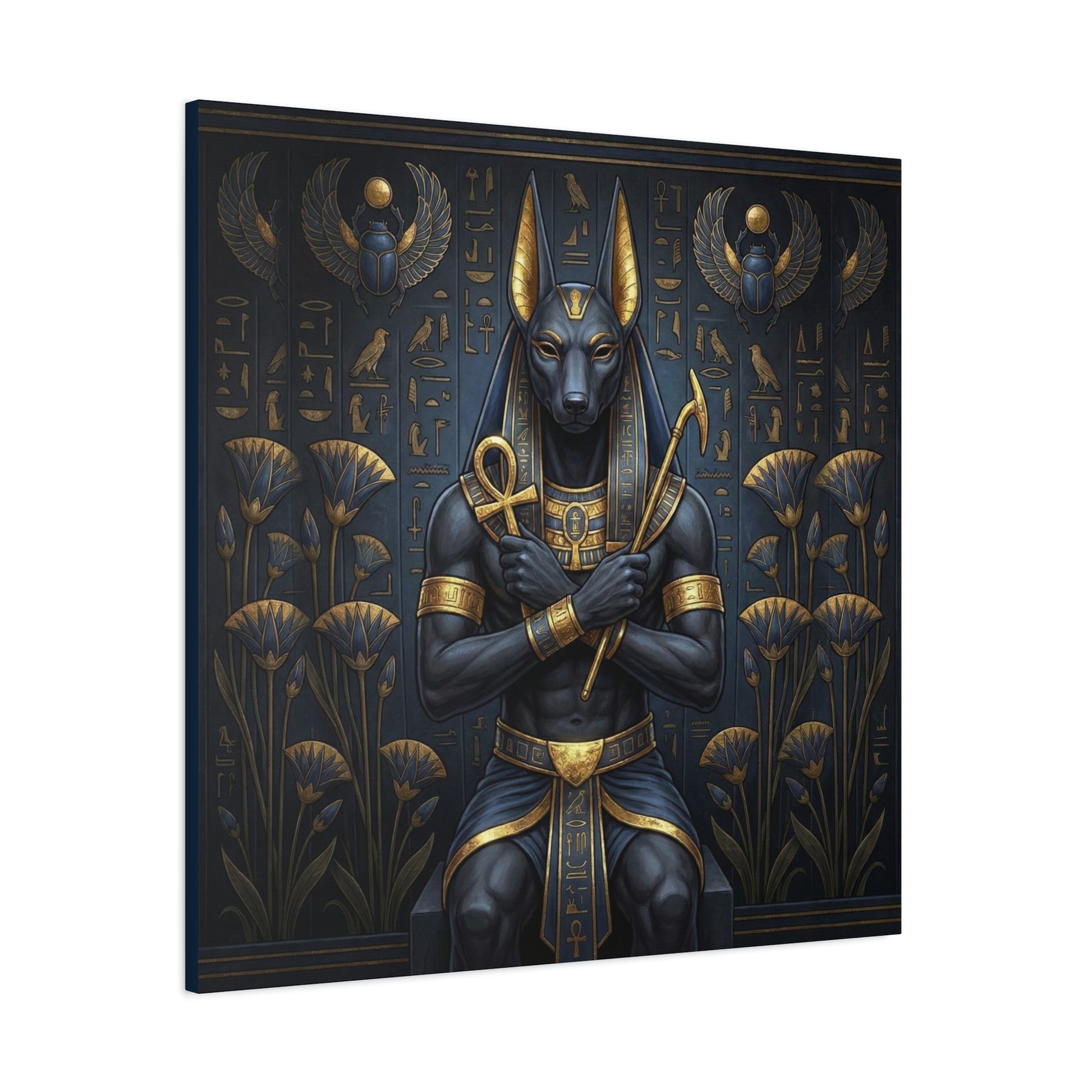 Anubis Egyptian god canvas in modern bedroom — luxury jackal guardian wall art