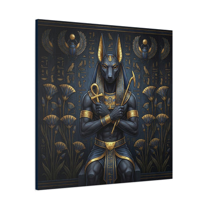 Anubis Egyptian god canvas in modern bedroom — luxury jackal guardian wall art