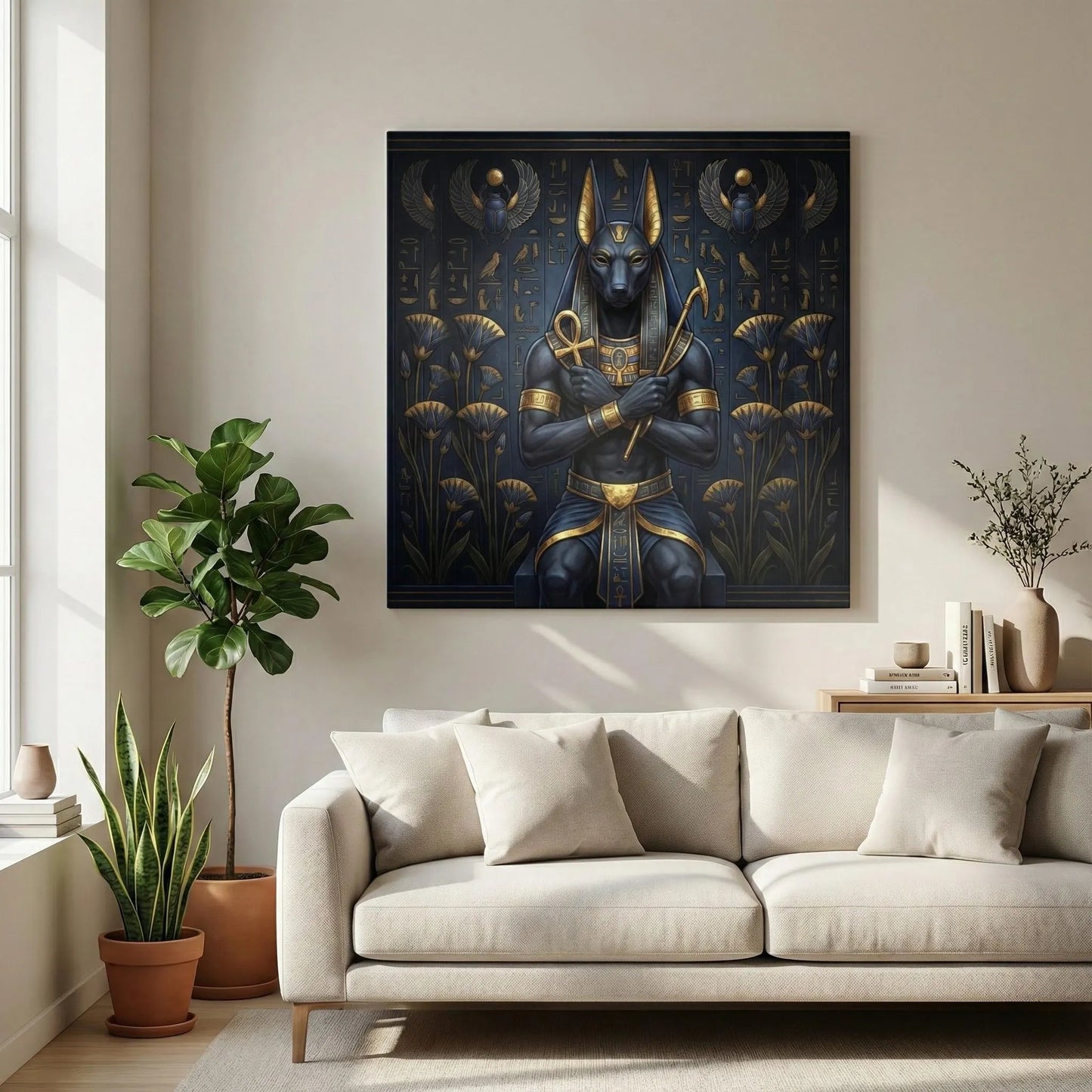 Anubis Egyptian jackal god guardian canvas wall art — luxury entryway and hallway decor