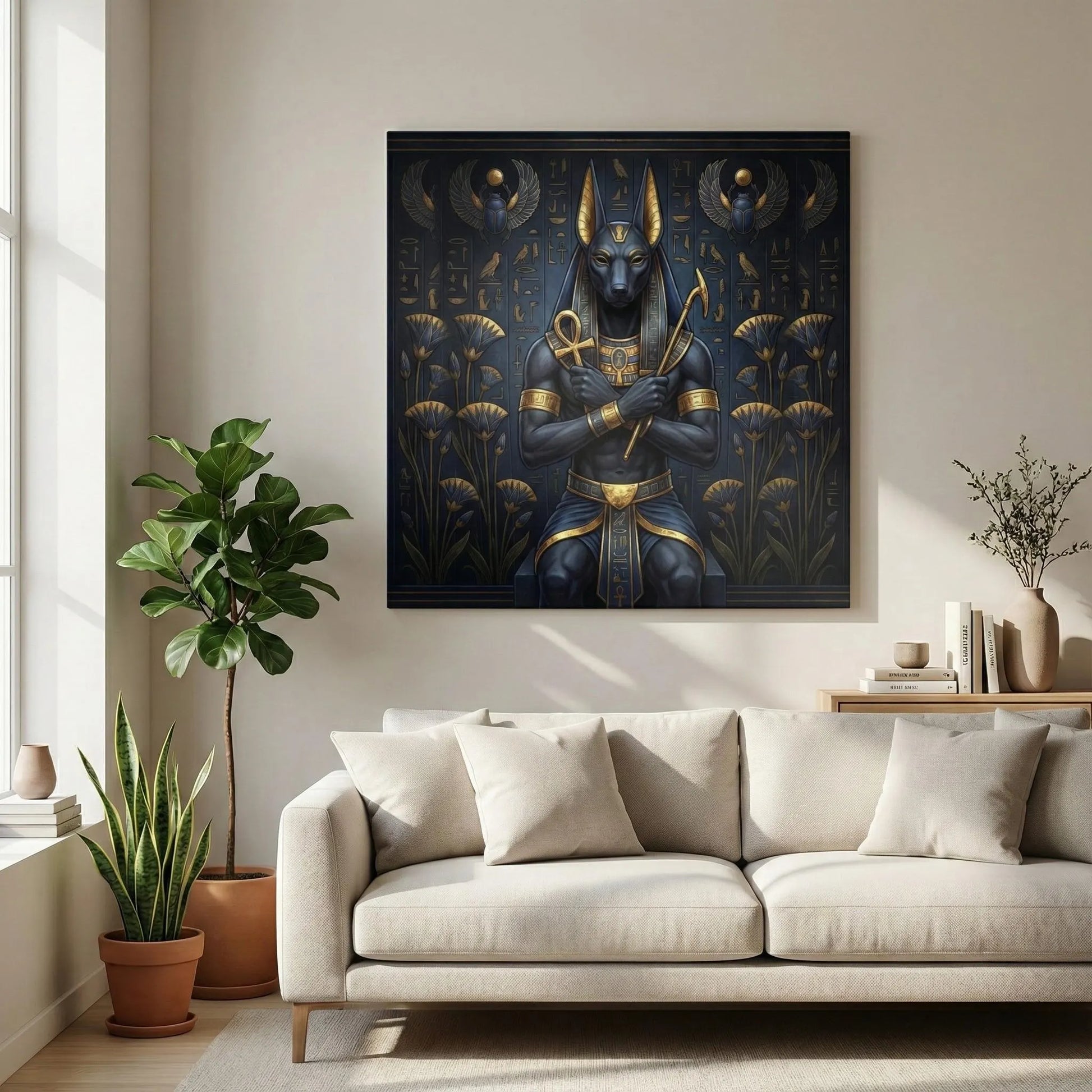 Anubis Egyptian jackal god guardian canvas wall art — luxury entryway and hallway decor