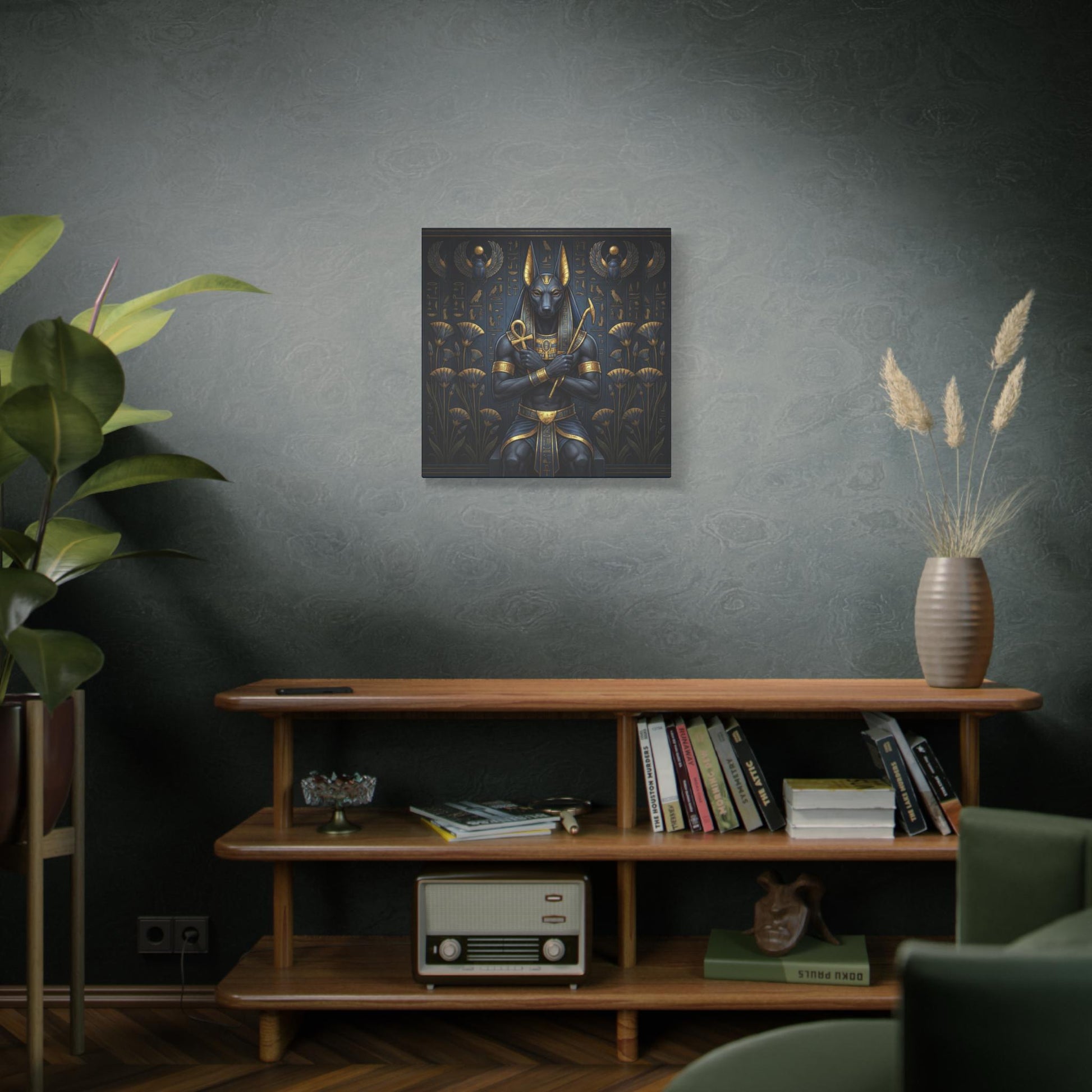 Anubis Egyptian canvas above mid century modern desk in masculine home office workspace