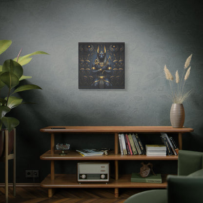 Anubis Egyptian canvas above mid century modern desk in masculine home office workspace