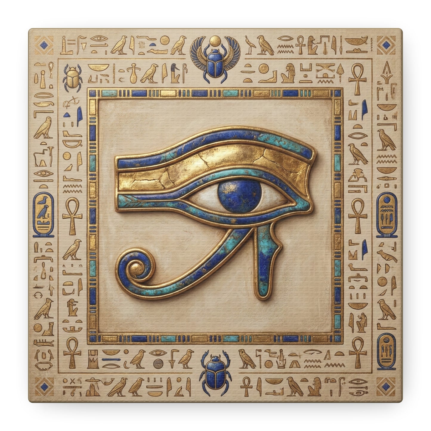 Boho Egyptian Eye of Horus canvas styled above linen sofa in warm neutral living room with rattan decor