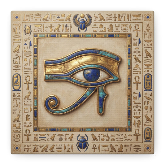 Boho Egyptian Eye of Horus canvas styled above linen sofa in warm neutral living room with rattan decor