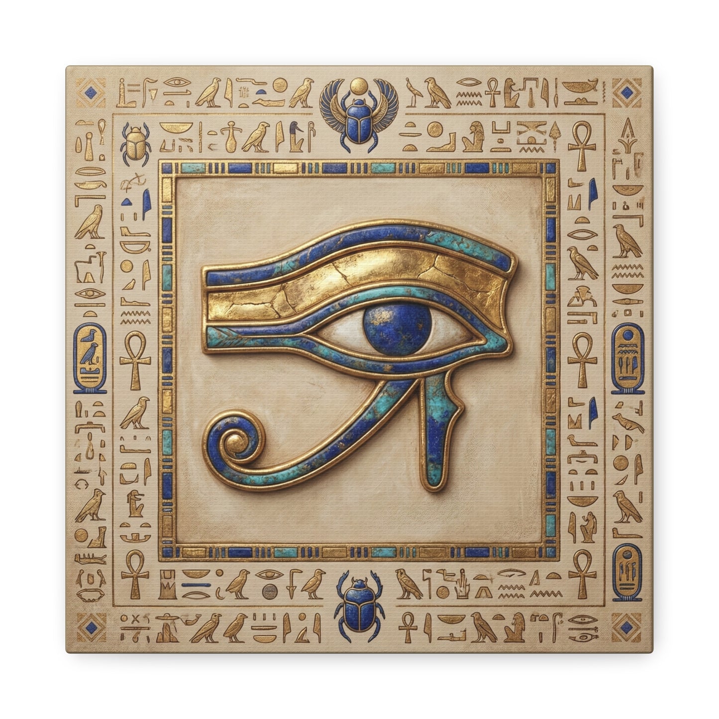 Boho Egyptian protection canvas in meditation corner with linen pillows and warm spiritual decor