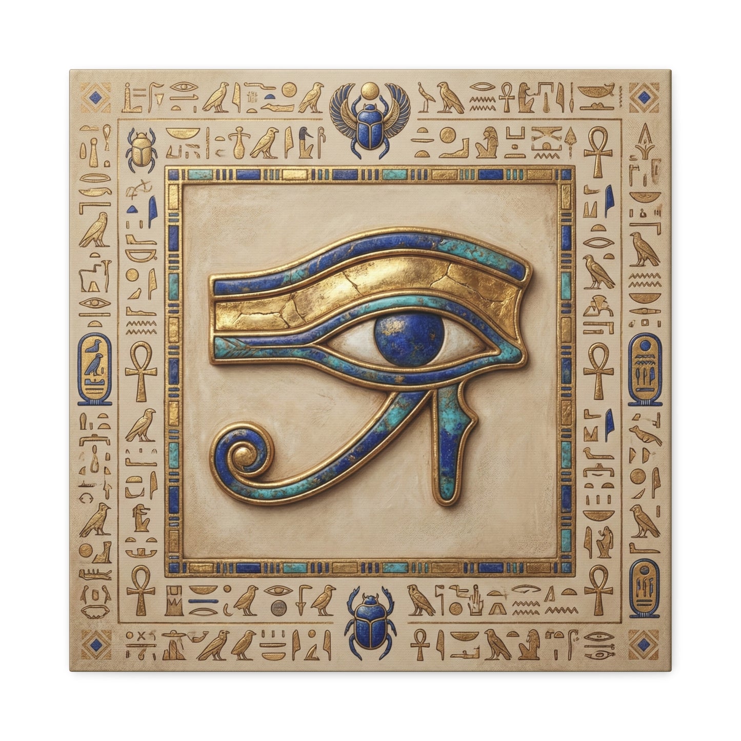Boho Eye of Horus canvas in reading nook with linen armchair and warm minimalist neutral decor