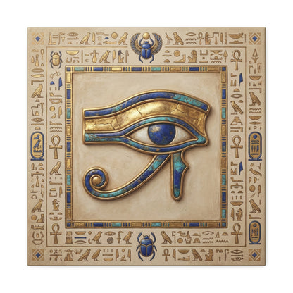 Boho Eye of Horus canvas in reading nook with linen armchair and warm minimalist neutral decor