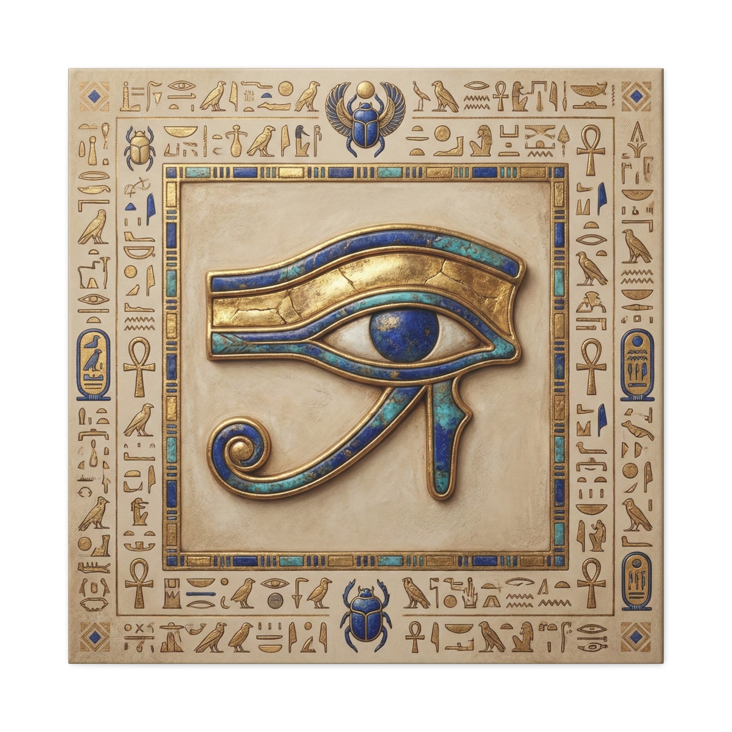 Earthy Egyptian Eye of Horus canvas above yoga mat in meditation corner with sacred geometry