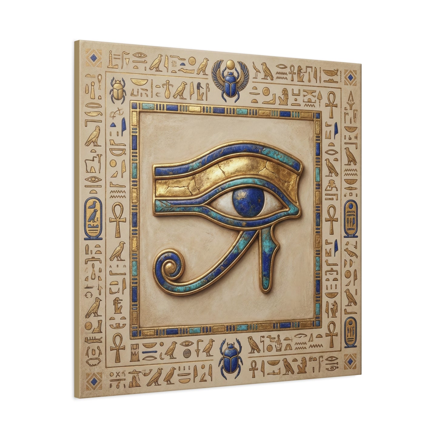 Boho Eye of Horus canvas as gallery wall centerpiece with Sacred Wadjet and Aten Sun three-piece set