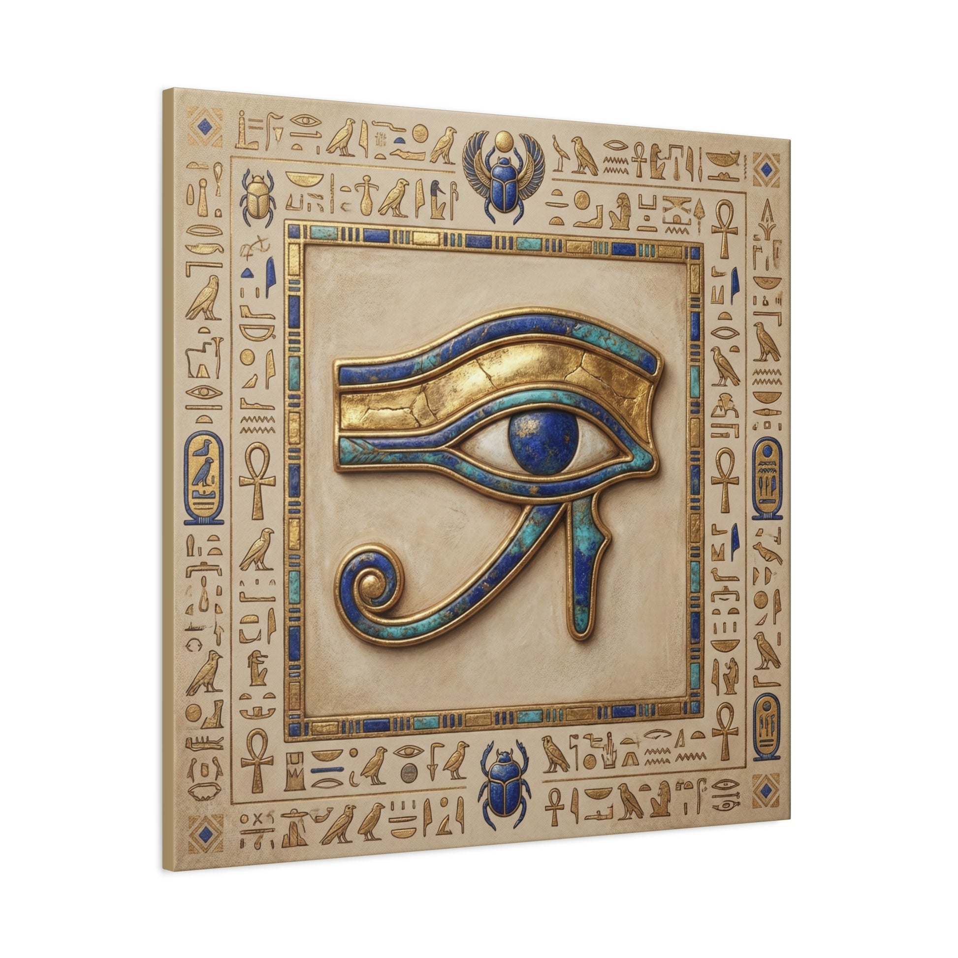 Boho Eye of Horus canvas as gallery wall centerpiece with Sacred Wadjet and Aten Sun three-piece set