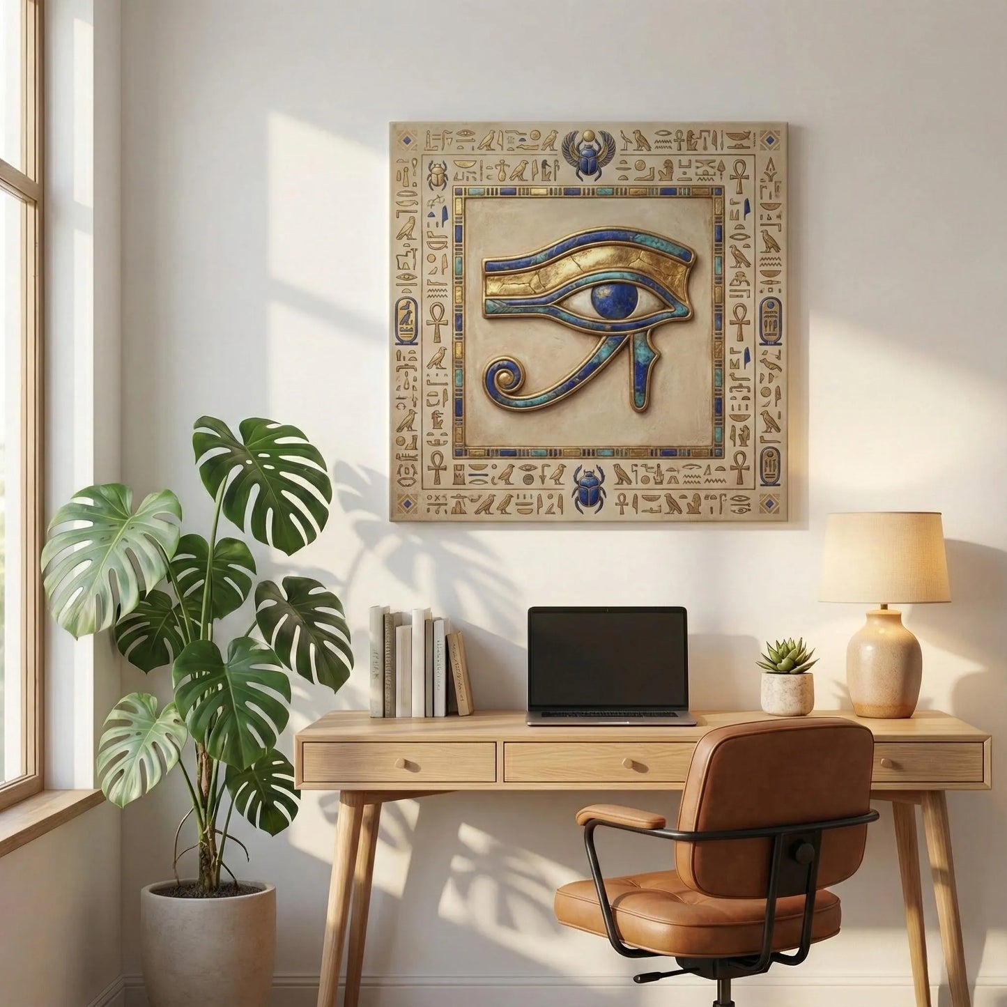 Boho Eye of Horus Egyptian canvas in warm terracotta — earthy minimalist protection wall art for living room