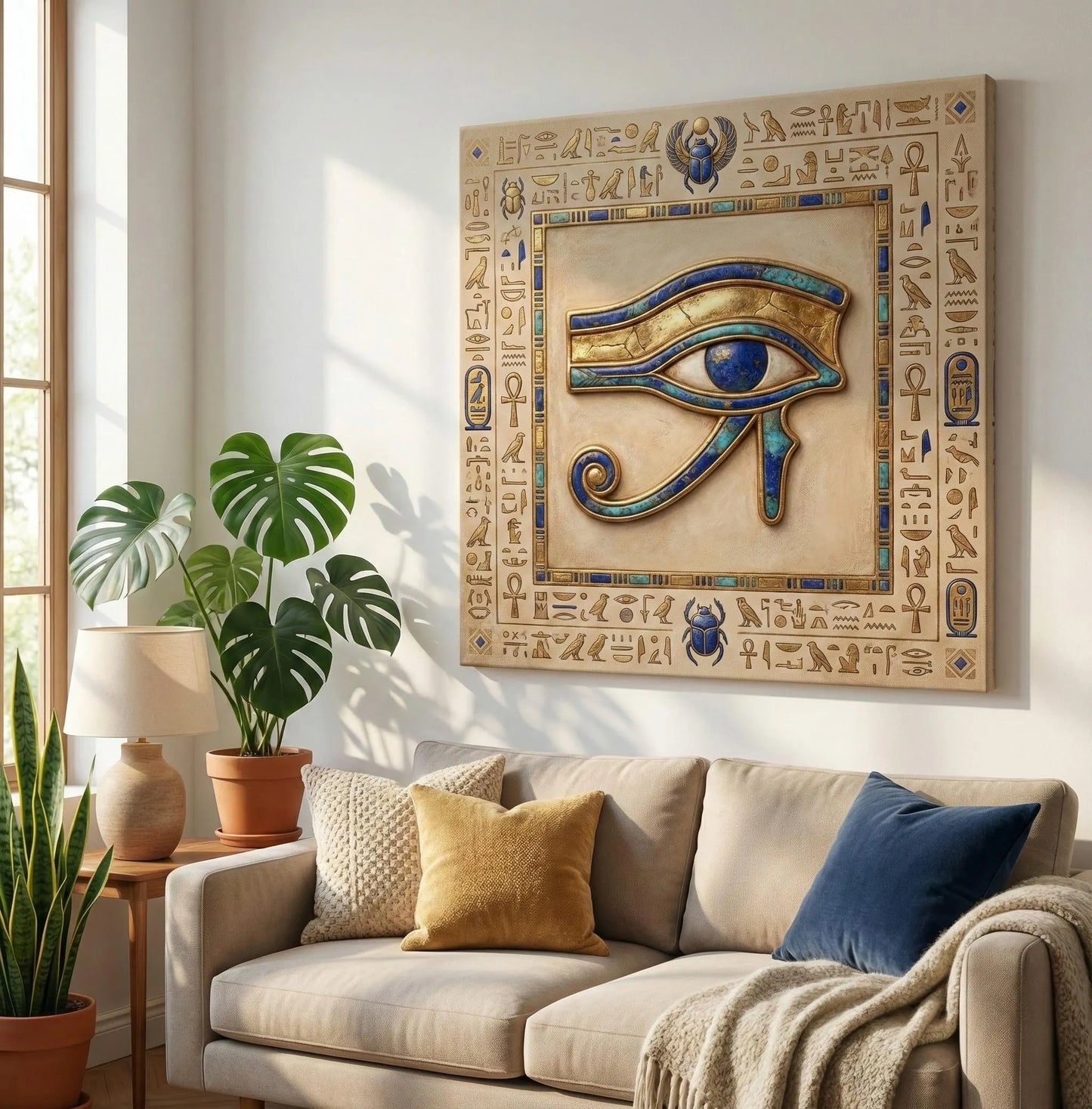 Eye of Horus boho canvas in modern entryway above oak console — warm earthy Egyptian decor