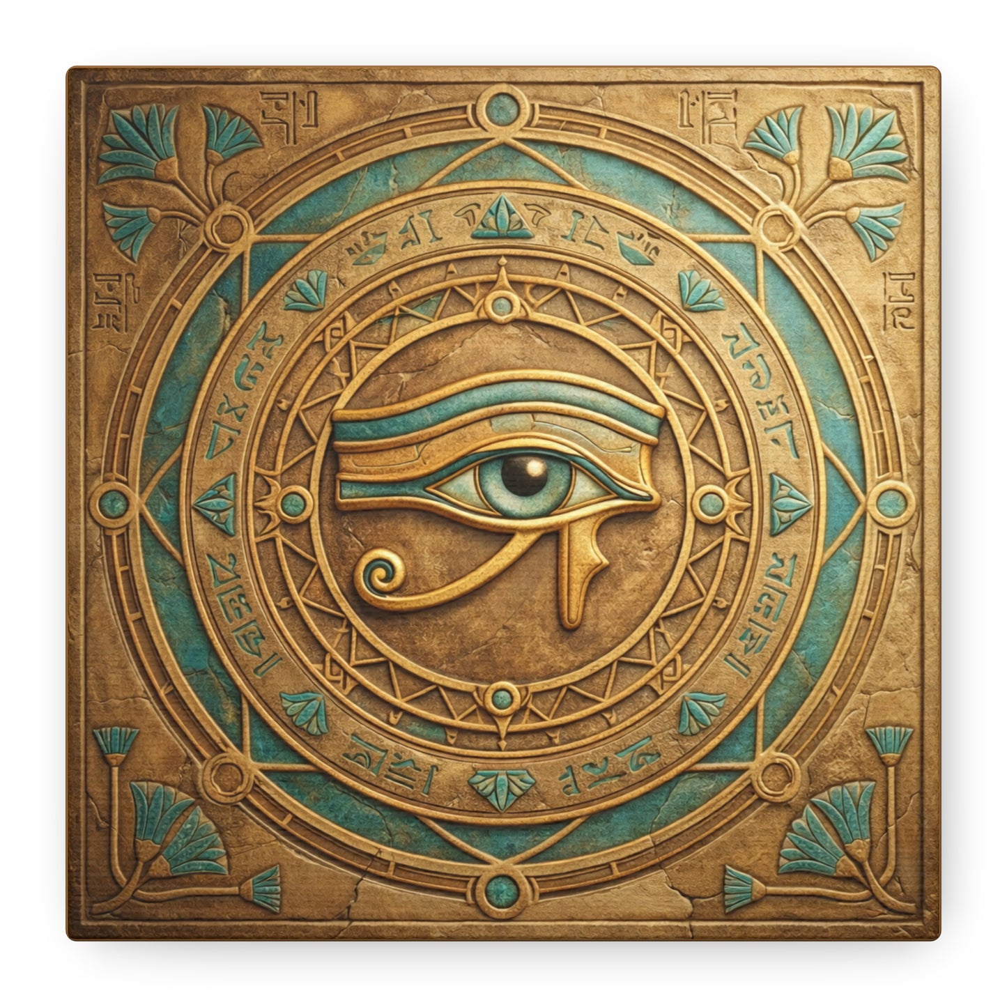 Eye of Horus protection canvas in modern entryway above brass console — sacred Egyptian wall art