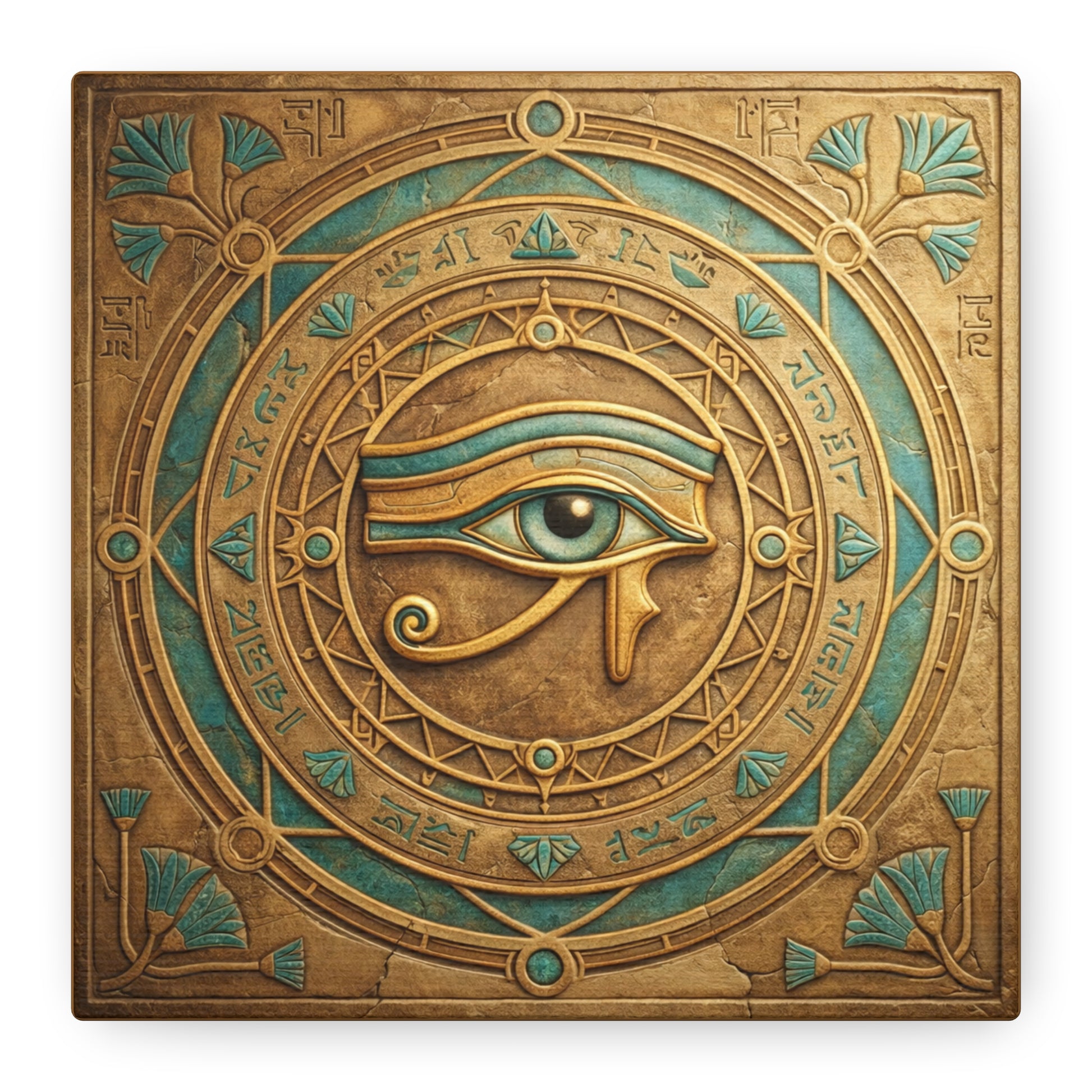 Eye of Horus protection canvas in modern entryway above brass console — sacred Egyptian wall art