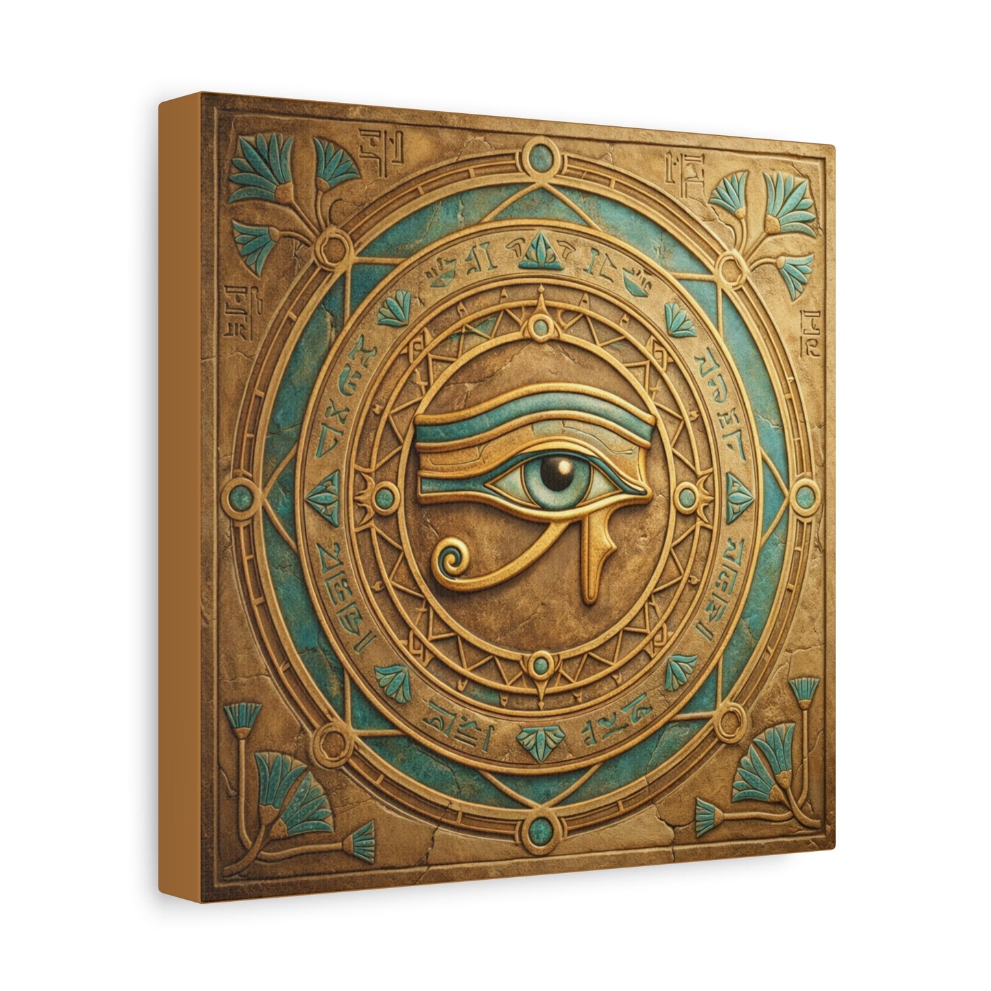 Eye of Horus canvas in modern hallway above mid century console — sacred Egyptian protection decor