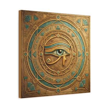 Eye of Horus canvas above yoga mat in spiritual meditation corner — Kemetic sacred geometry