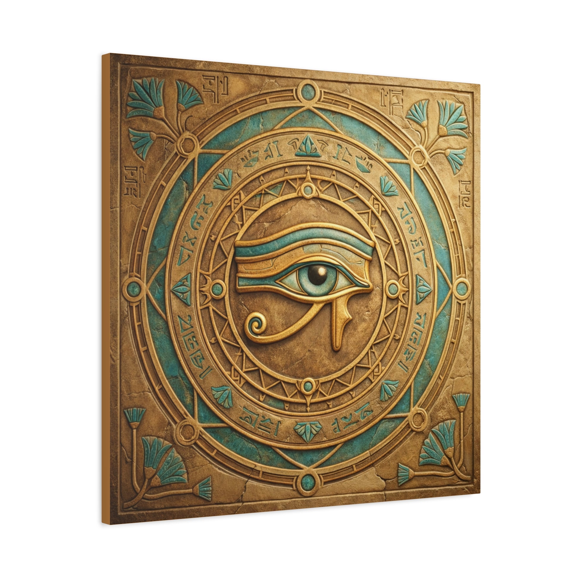 Eye of Horus Egyptian protection canvas in living room with linen sofa and boho minimalist decor