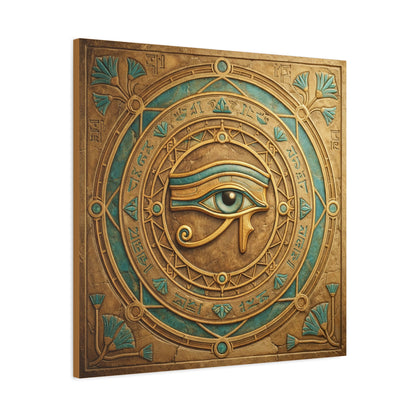 Eye of Horus Egyptian protection canvas in living room with linen sofa and boho minimalist decor