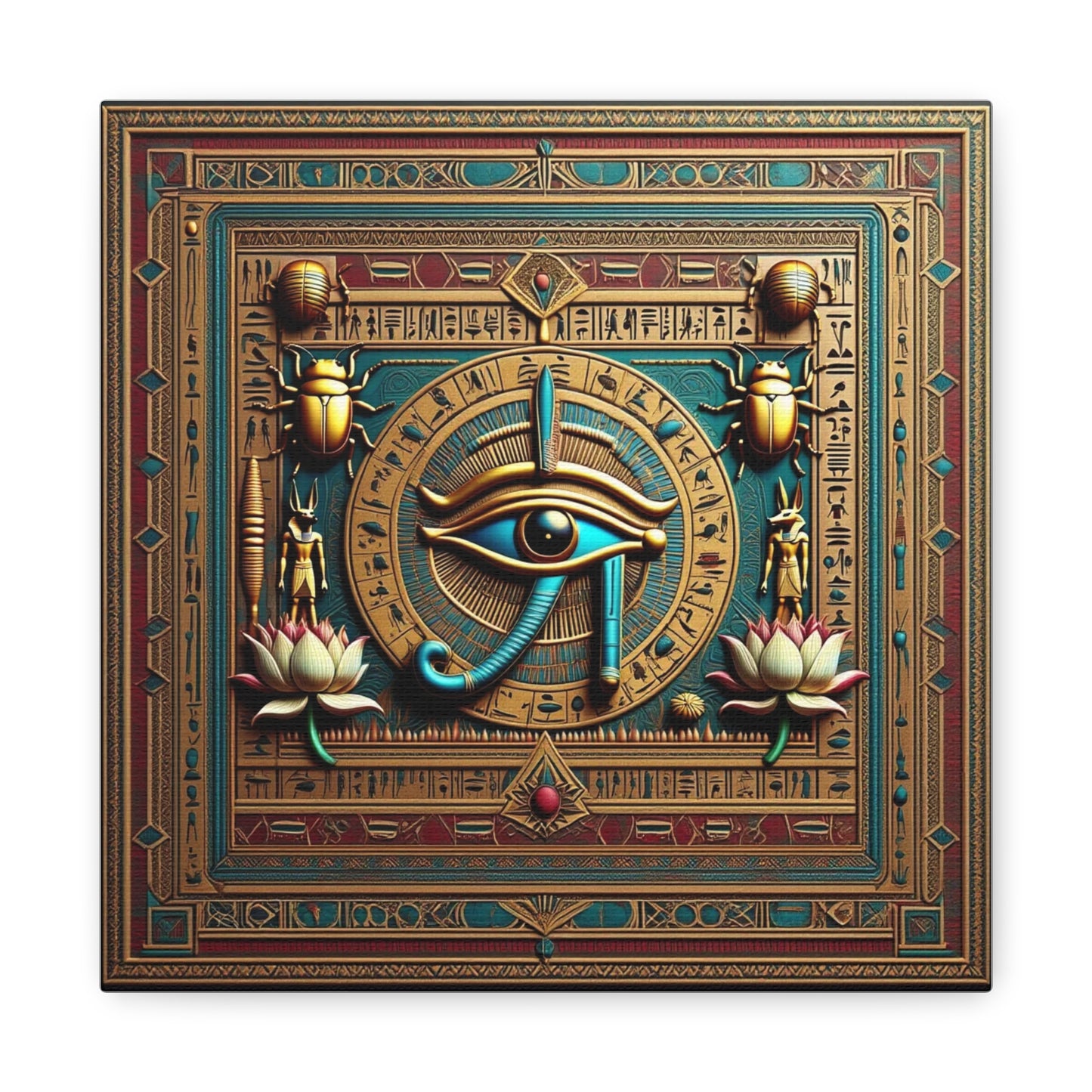 Eye of Horus spiritual gift canvas in meditation corner with linen pillows and warm decor