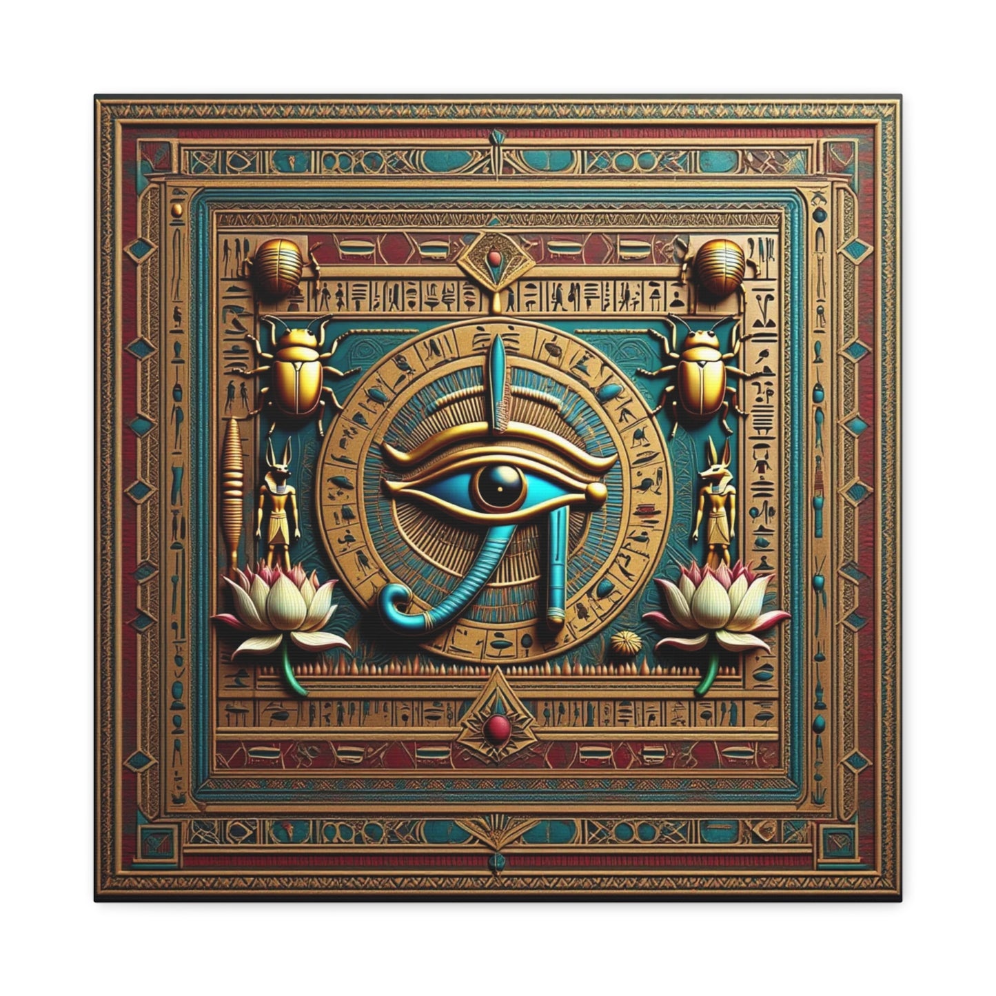 Boho Egyptian gift canvas in feminine bedroom above mid century dresser as birthday present