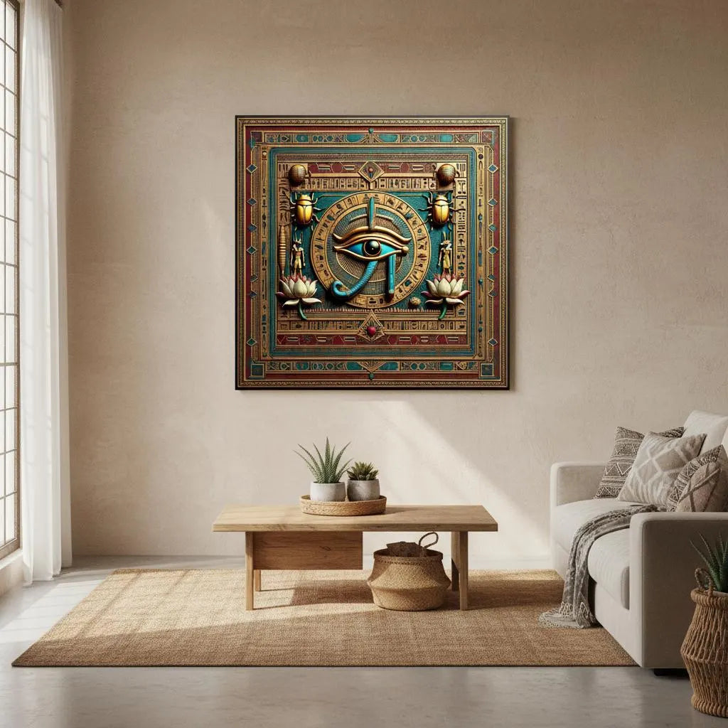 Eye of Horus boho spiritual gift canvas — meaningful Egyptian housewarming wall art with meaning card