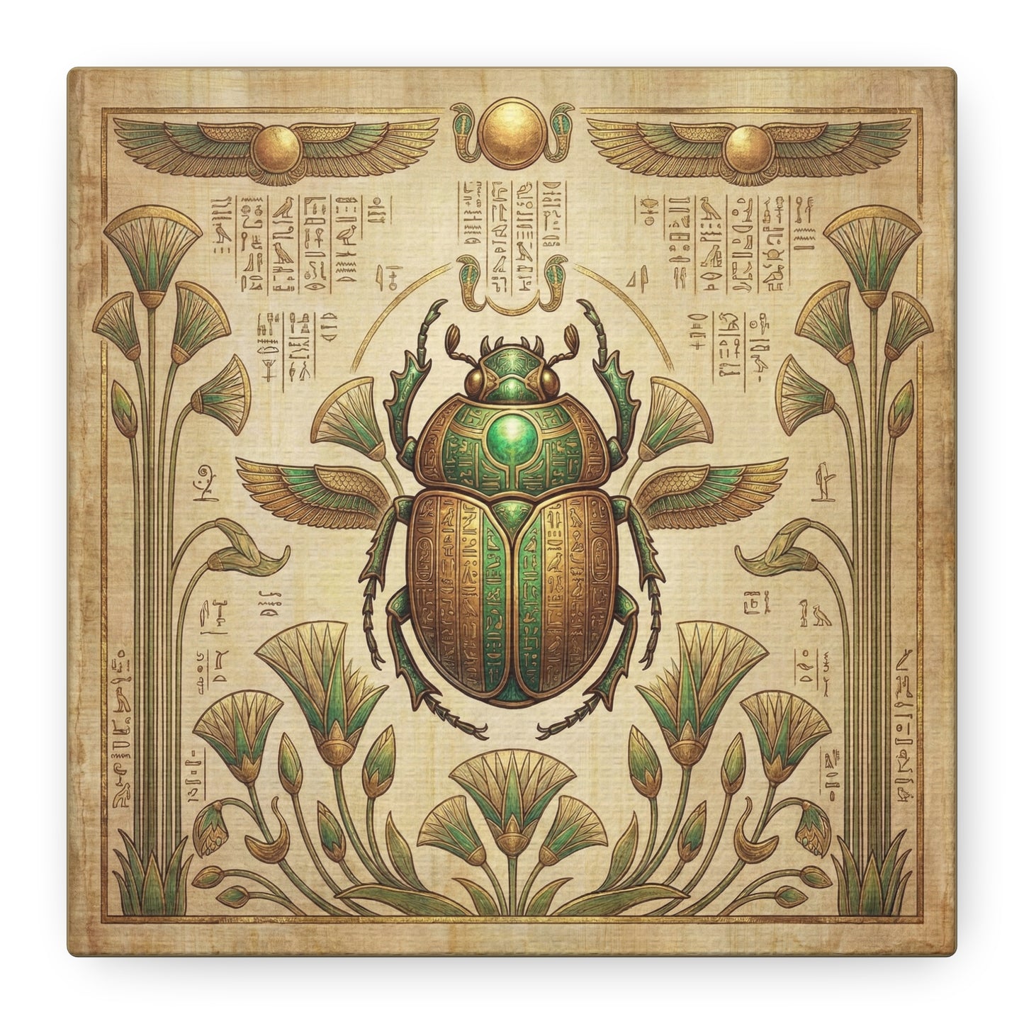 Pure gold scarab Egyptian canvas above leather sofa in luxe living room with brass accents