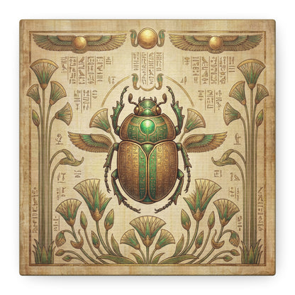 Pure gold scarab Egyptian canvas above leather sofa in luxe living room with brass accents
