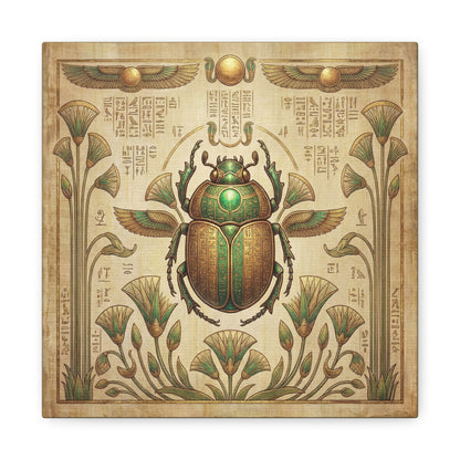 Luxury gold scarab Egyptian canvas above mid century modern dresser in luxe master bedroom