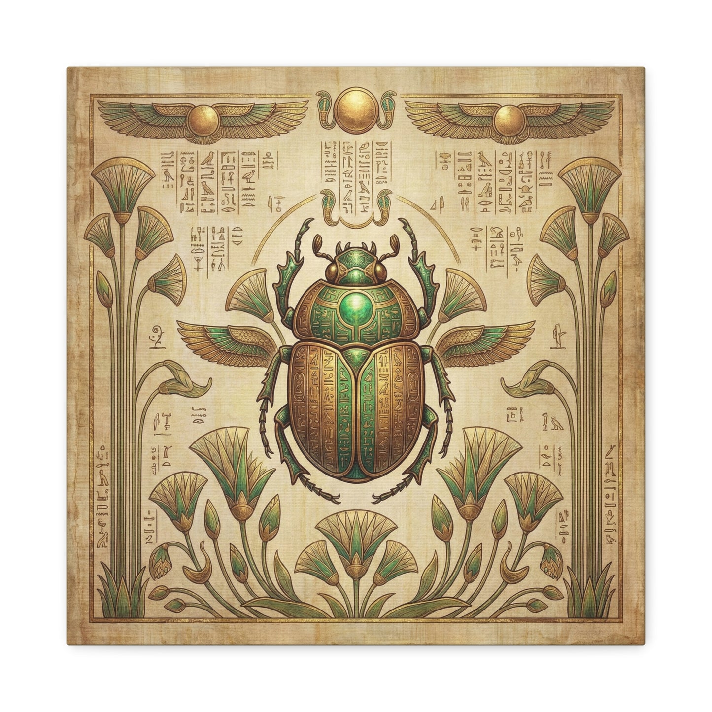 Close-up matte canvas texture and pure gold ink detail on Egyptian scarab artifact print