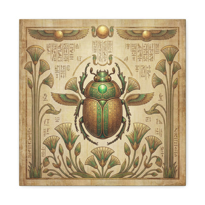 Close-up matte canvas texture and pure gold ink detail on Egyptian scarab artifact print
