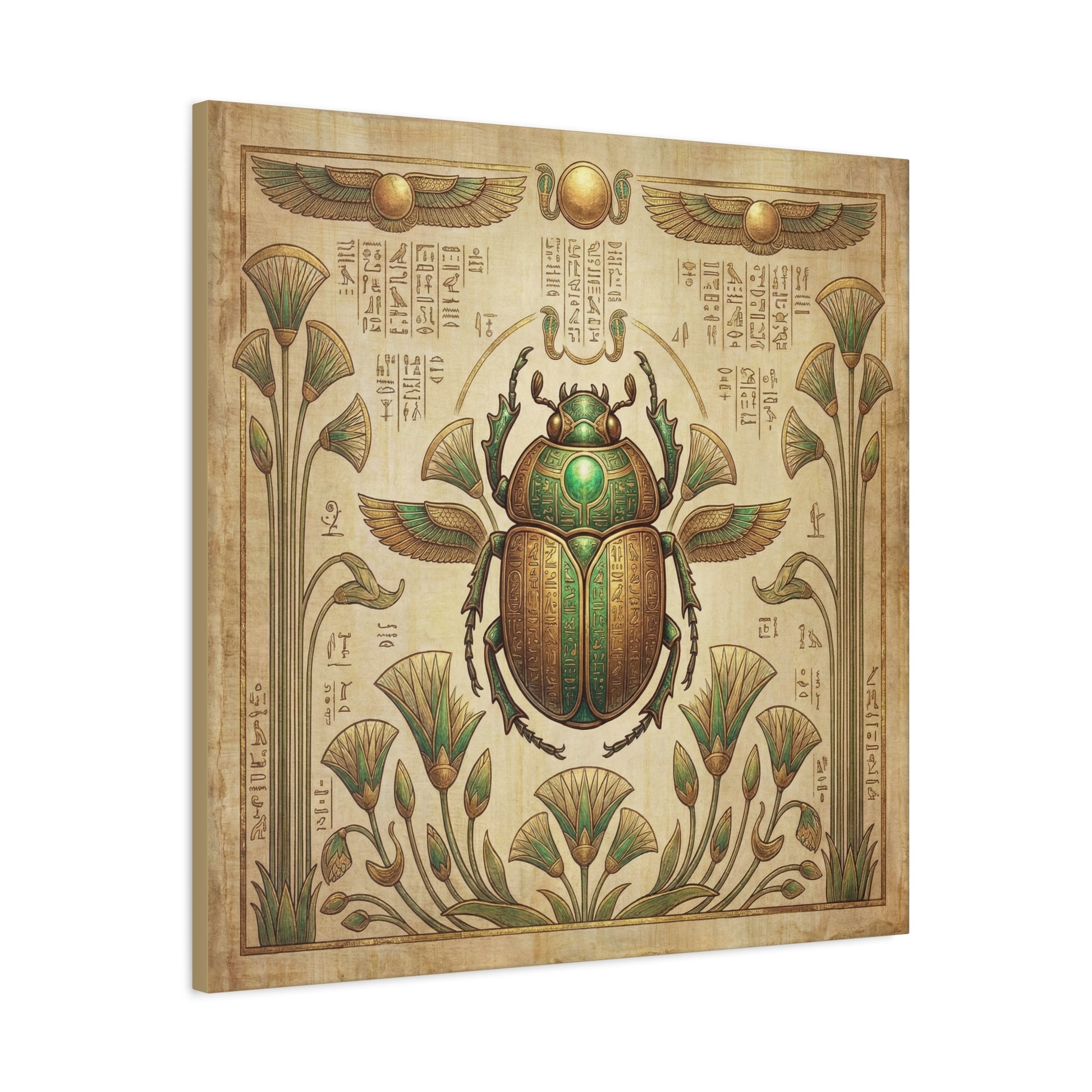 Luxury golden scarab Egyptian canvas in modern study with walnut desk and brass lamp