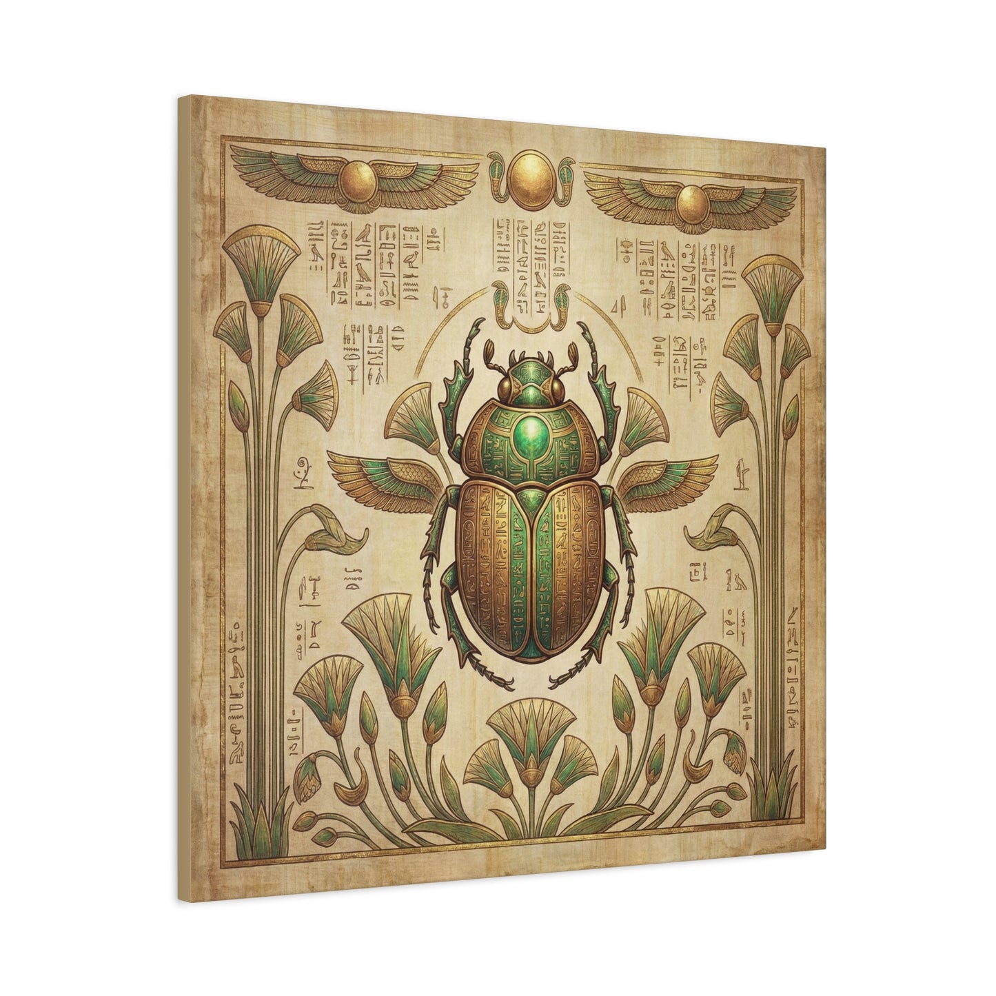 Pure gold Egyptian scarab artifact canvas in masculine study with leather chair and bookshelves
