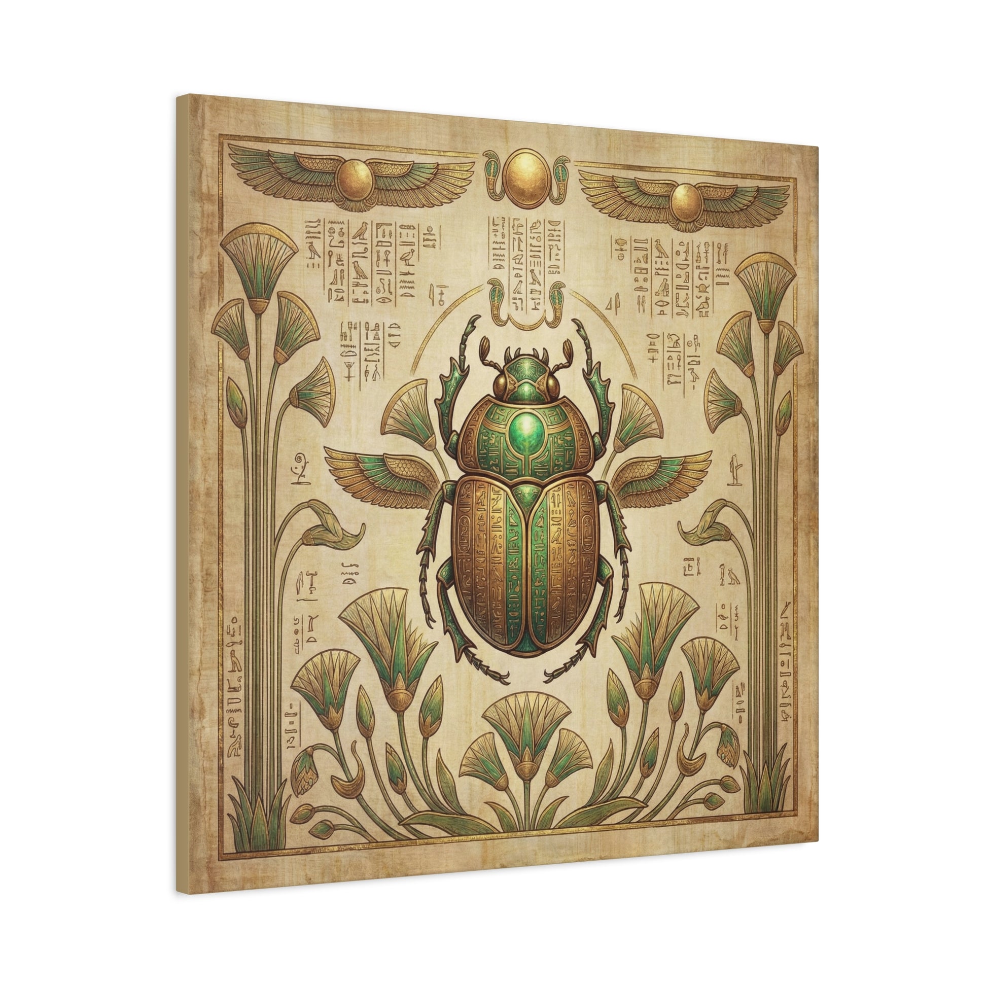 Pure gold Egyptian scarab artifact canvas in masculine study with leather chair and bookshelves
