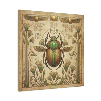 Pure gold Egyptian scarab artifact canvas in masculine study with leather chair and bookshelves
